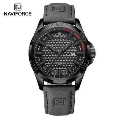 NAVIFORCE NF8023 Classic Business Leather Strap Wristwatch for Man Quartz 3ATM Waterproof Men's Watches Date Display Male Clock - Black Gray